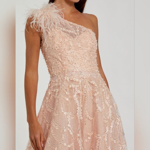 NWT Mac Duggal Peach Embellished One Shoulder A Line Gown - Picture 2 of 9